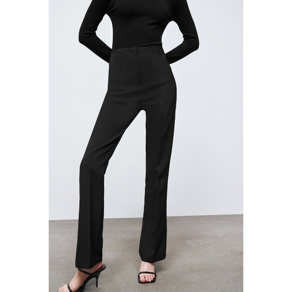 Zara Pants - Zara High Rise Flared Trouser Womens Size S Black Pleated Front Business Modern